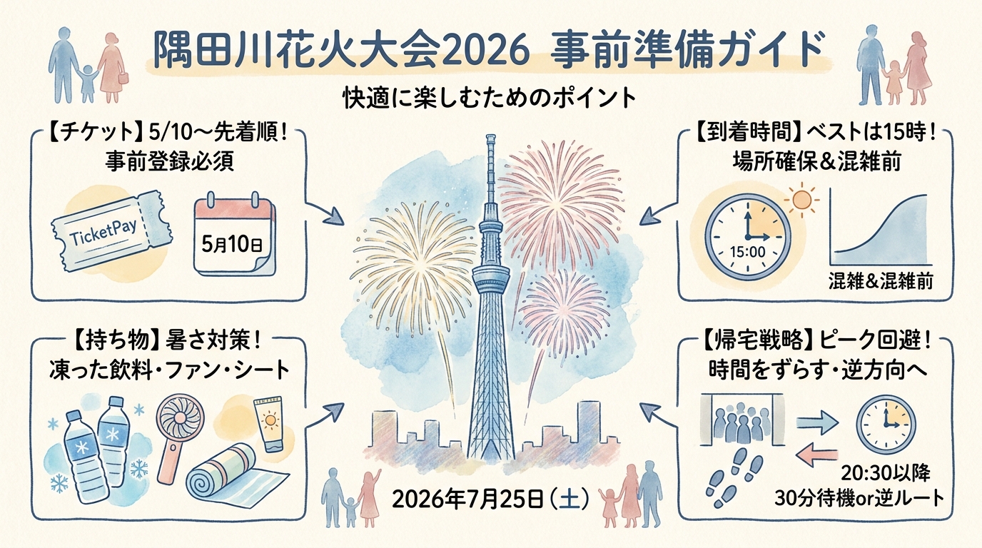 隅田川花火大会2026事前準備ガイド 持ち物・タイムスケジュール・有料席チケット・混雑回避など アイキャッチ（PC用）