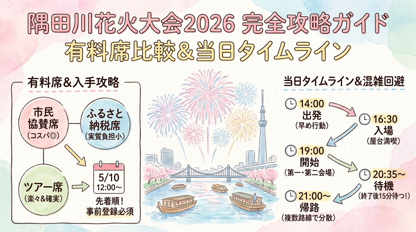 隅田川花火大会2026有料席の全比較 ふるさと納税席・チケット入手法・当日タイムラインなど アイキャッチ（PC用）