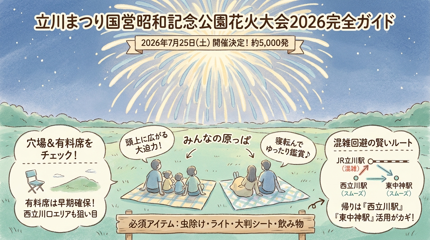 立川まつり国営昭和記念公園花火大会2026完全ガイド 穴場・有料席・屋台・アクセスなど アイキャッチ（PC用）