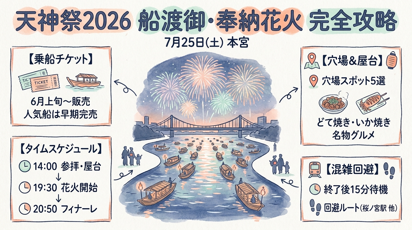 天神祭2026船渡御・奉納花火の完全攻略 乗船チケット・穴場スポット・屋台・混雑回避など アイキャッチ（PC用）