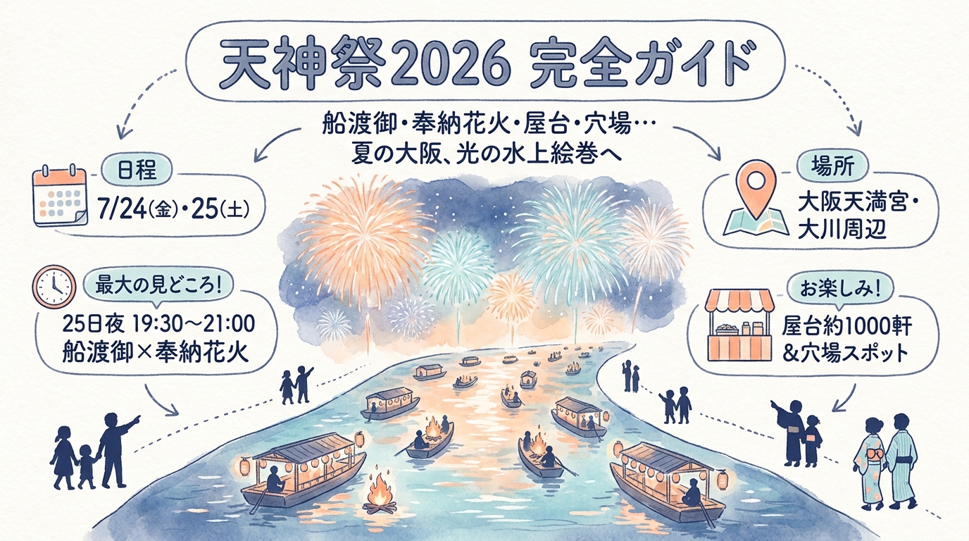 天神祭2026完全ガイド 船渡御・奉納花火・穴場スポット・屋台グルメなど アイキャッチ（PC用）