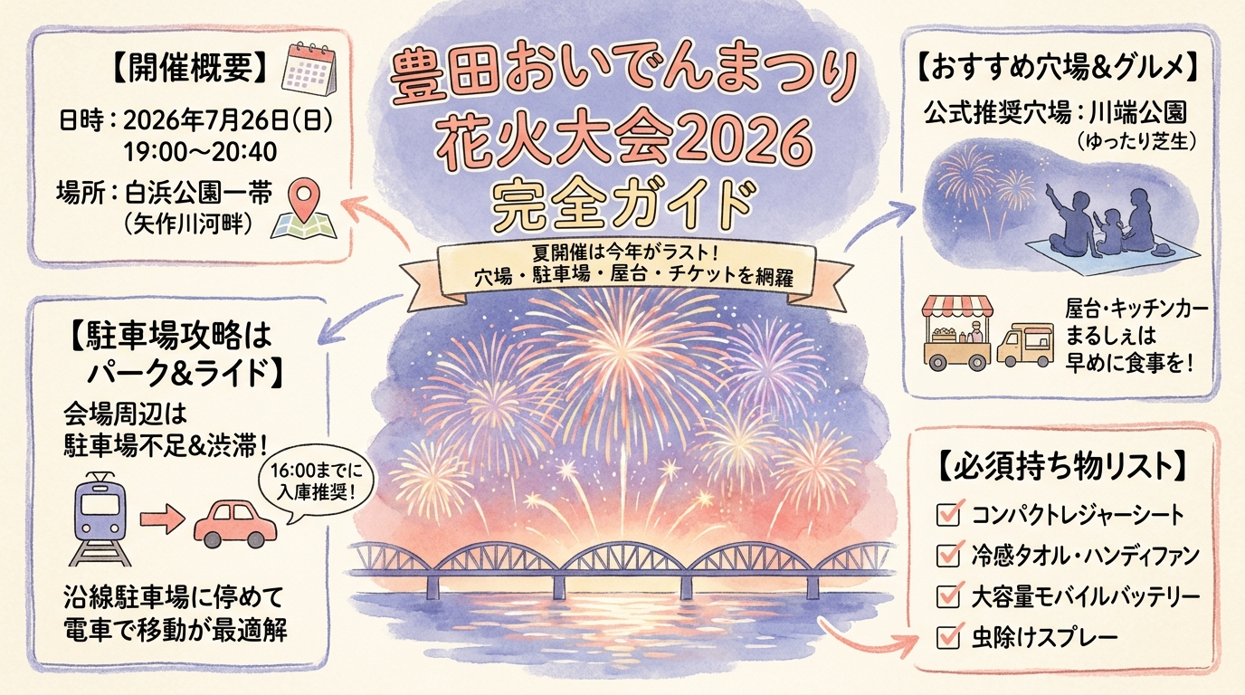 豊田おいでんまつり花火大会2026完全ガイド 穴場・駐車場・屋台・チケットなど アイキャッチ（PC用）