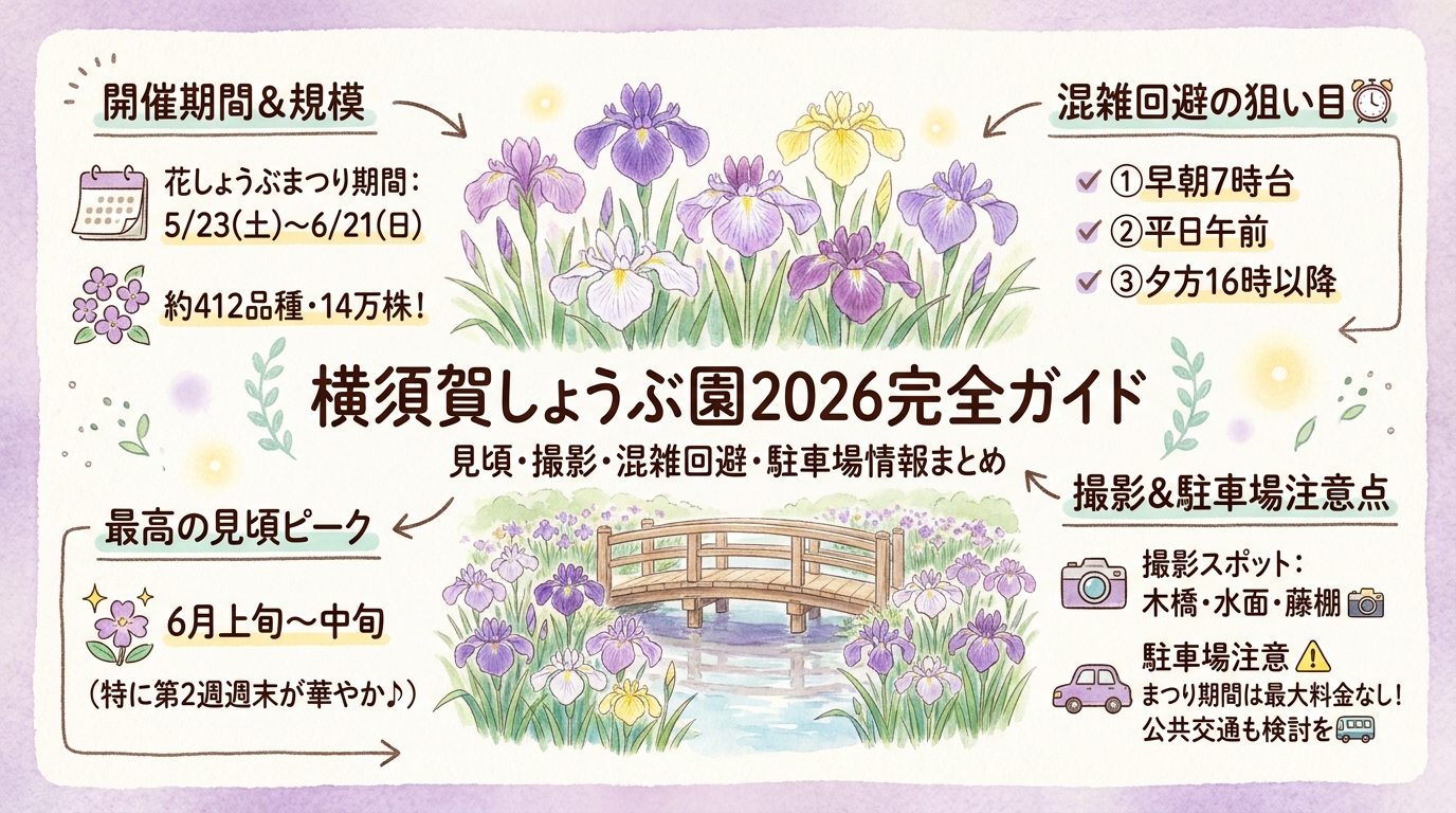 横須賀しょうぶ園2026完全ガイド 見頃・撮影スポット・駐車場・混雑回避など アイキャッチ（PC用）