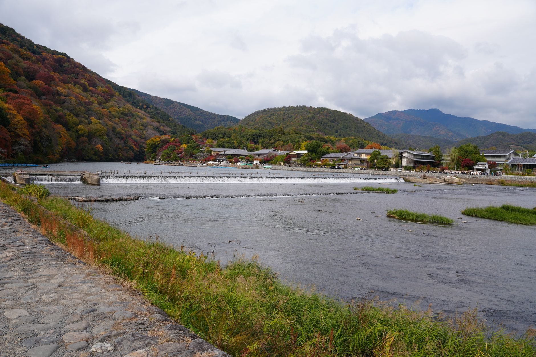 嵐山紅葉 桂川沿いから見る色づき始めの嵐山